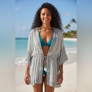 Belldini Plus Size Black and White Geometric Print Kimono Cover Up Tunic